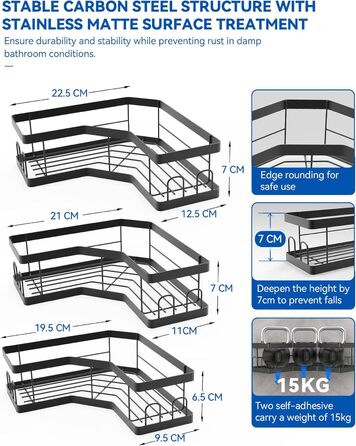 Набір з 3 полиць для душу без свердління, чорний колір, з нержавіючої сталі, для шампуню та інших аксесуарів, вологостійкий, аксесуари для ванної кімнати