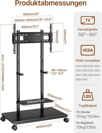 Підставка для телевізора на колесах з кріпленням для саундбару, 50-90 дюймів, до 70 кг, регульована висота та нахил, MAX VESA 600x400 мм