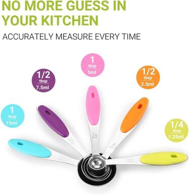 Набір мірних ложок Xingxinrong з нержавіючої сталі (5 мірних ложок + 1 ложка) з силіконовою ручкою, з гравіюванням шкали (US та міжнародна), придатний для миття в посудомийній машині, для приготування та випічки, кухонний аксесуар