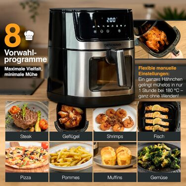 Фритюрниця повітряна DIESEMANN XXL 7.3L – 2000W з 2 нагрівальними елементами (верхній та нижній нагрів), вікно огляду та 8 програмами – для смаження, випікання та грилю без олії
