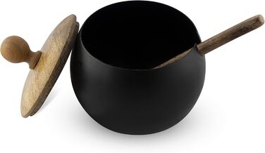 ГоCraft цукорниця з дерев'яною кришкою та ложкою для дому та кухні, у формі барабана (матове чорне покриття)