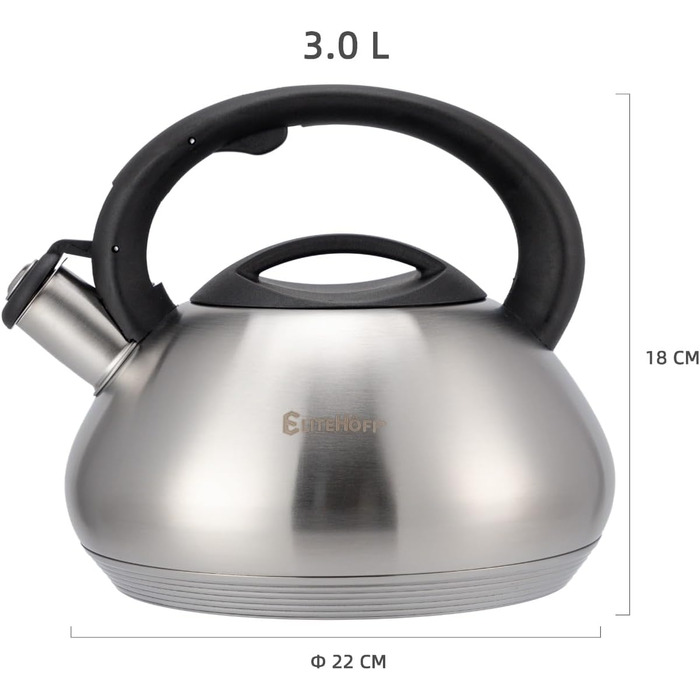 Електричний чайник EliteHoff 3L з нержавіючої сталі з автоматичним свистком, срібного кольору, для індукційних плит (E-5114)