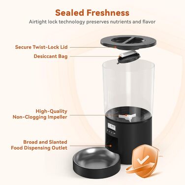 Автомат годівлі для котів 4.2L з окремою мискою, програмоване годування, подвійне живлення, 6 прийомів їжі на день (Чорний), миска з нержавіючої сталі