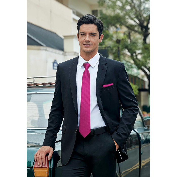 HISDERN Комплект краватки та нагрудного хустинки: рожевий, в клітинку, елегантний, класичний | HISDERN