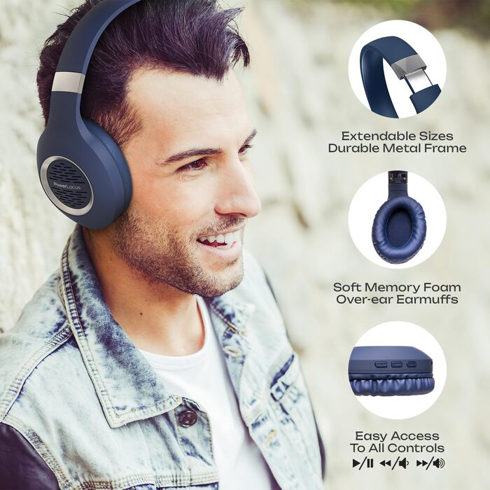 PowerLocus Bluetooth навушники Over-Ear: бездротові, складні, з мікрофоном, Hi-Fi стерео, глибокий бас, для телефону, планшета, ПК (блакитні)