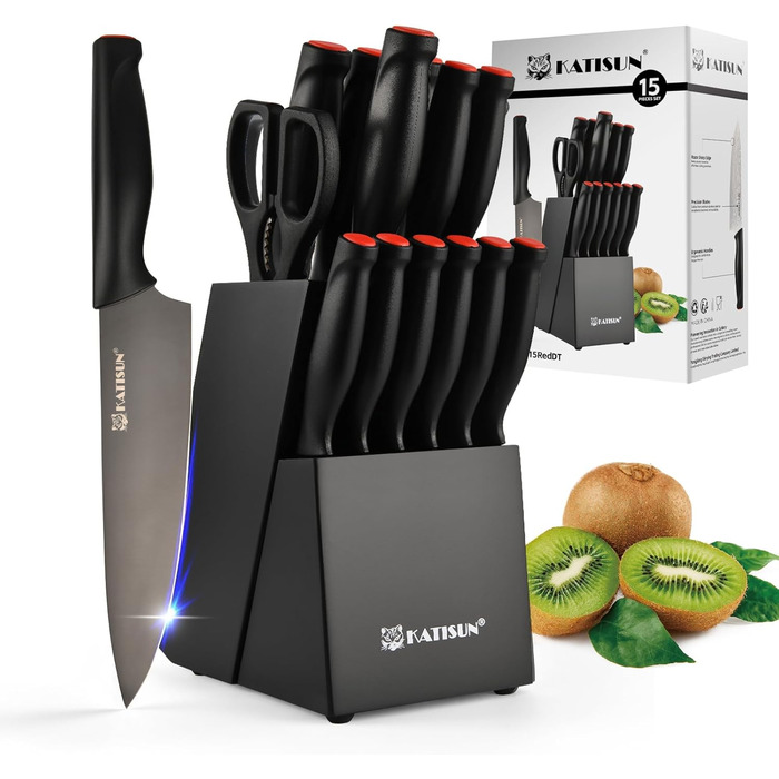 KATISUN 16-Piece Japanese Steel Knife Set with Block - Includes Sharpener, Cutting Board & Kitchen Shears - Durable Titanium Coated Kitchen Knife Set for Chopping, Slicing & Dicing