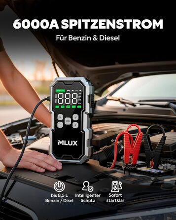 Пусковий пристрій (бустер) для авто Starthilfe 6000A 26800mAh з компресором 150 PSI, Powerbank для бензинових та дизельних двигунів, LED-ліхтарем