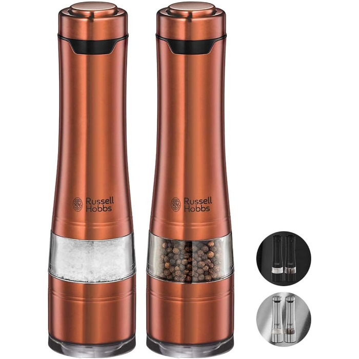Електричні мельниці для спецій Russell Hobbs 23460-56 [2 шт.] з керамічним жорном, регулюванням помелу та LED-підсвічуванням (мідь)