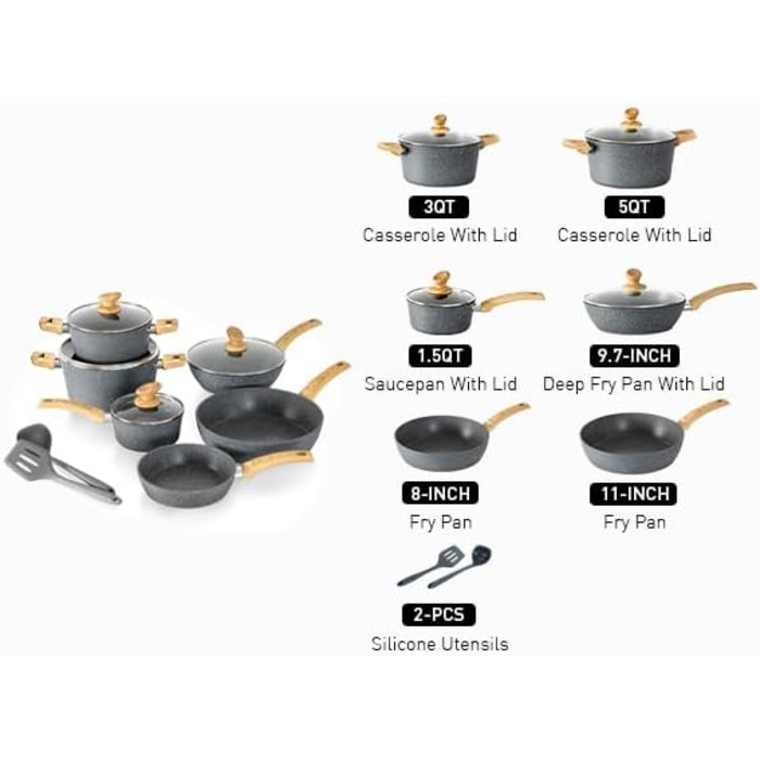Набір кухонного посуду Kitchen Academy 12 предметів з антипригарним покриттям. Тöpfe та Pfannen для Induktion, Gasherde та Mikrowelle, сірий колір