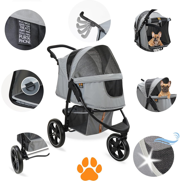 COOPER Складаний переносний візок для собак до 32 кг | Візок для тварин з регульованою висотою та кошиком для покупок | М'які ручки Soft Touch та світловідбиваючий дизайн | Ідеальний для транспортування домашніх тварин – Сірий