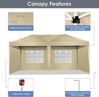 COBIZI Pavilion - Waterproof, Stable, Winter-Proof, Foldable, Pop-up Party Tent, Garden Pavilion for Beach Wedding, with 4 Side Panels, UV Protection 50+, Adjustable Height (Khaki, 3x4m)