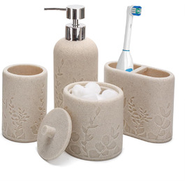 Aksipo Bathroom Accessories Set, 4-Piece, Sturdy Resin, Hand Soap Dispenser, Toothbrush Holder Set, Cup, Q-Tip Holder, Dispenser, Stylish and Modern Bathroom Decor Set