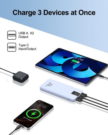 Powerbank 10000mAh 22.5W з LCD-дисплеєм: швидка зарядка, 3 виходи, 2 входи, USB-C, для смартфонів та планшетів (блакитний)