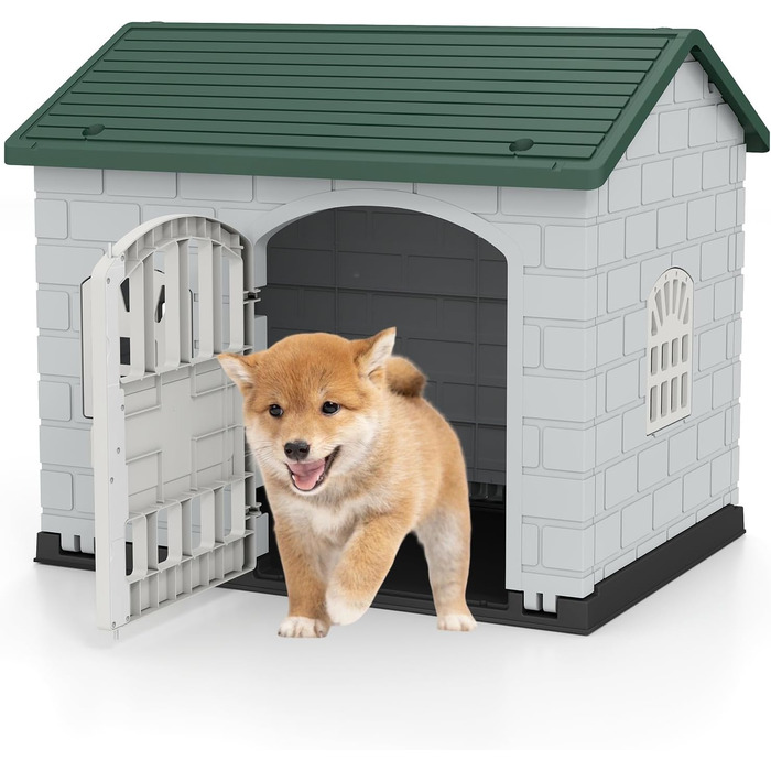 Будка для собак GOPLUS Outdoor, вологостійка з замком, 3 вікна, похиле дах, клітка для собак Indoor, будиночок для тварин вдома для собак та котів (зелена)