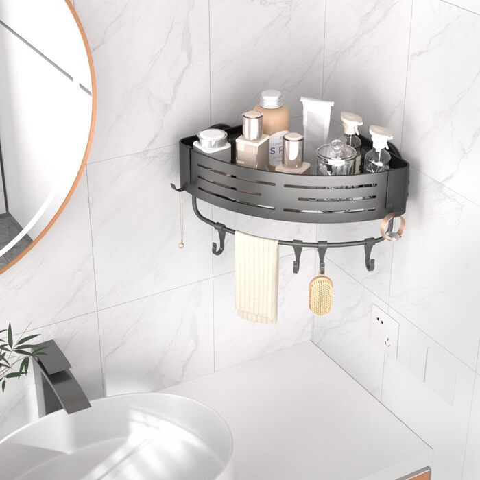 Двомісне куткове поличок для душу без свердління з присосками, водонепроникний органайзер для ванної кімнати, з тримачем для рушників, для шампуню та гелю для душу, чорний матовий (1 шт. сірий кутовий поличок для душу)