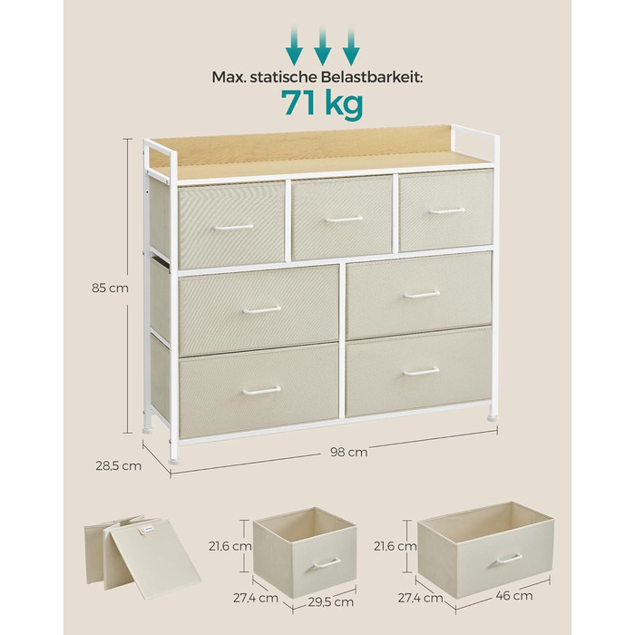 SONGMICS Chest of Drawers, Cabinet, 7 Fabric Drawers with Handles, Metal Frame, Industrial Design, Vintage Brown-Ink Black LTS137B01 (Cream White + Cloud White, 28.5W x 98D x 85H cm)
