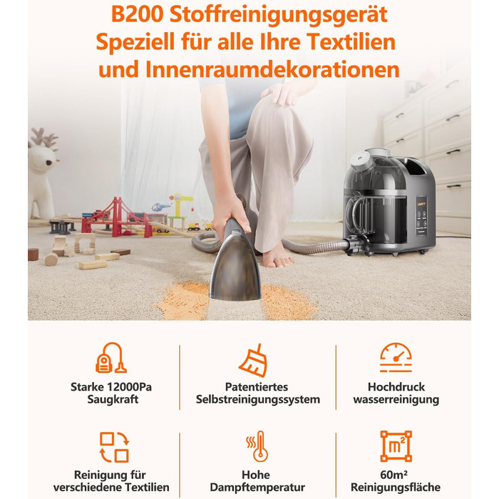 Пристрій для чищення м'яких меблів Uwant B200, 1900W, з функцією пароочищення | Для килимів, диванів, штор, одягу
