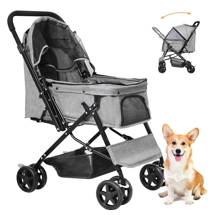 Складаний візок для собак, переноска для тварин до 20 кг, сірий. Підходить для собак та котів