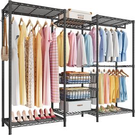 Heavy-Duty Clothes Rack, Garment Rod, Wardrobe, Freestanding Clothes Rail with Height-Adjustable Shelves and Storage Baskets, Load Capacity up to 320 kg, White (Black)