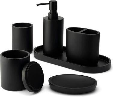 DELUXXOO® Набір аксесуарів для ванної кімнати 6 шт. чорний матовий: органайзер, диспенсер для мила, мильниця, стакан для зубної щітки, піднос, ящик для зберігання