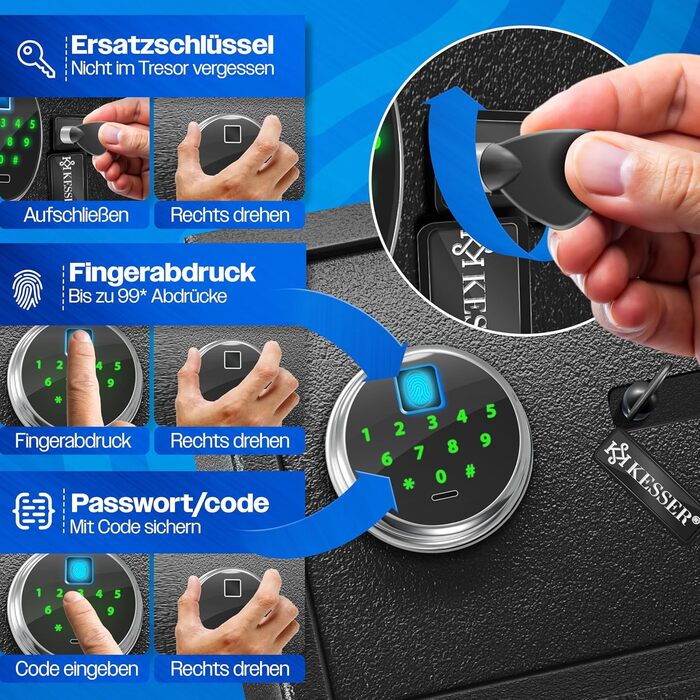Електронний сейф KESSER® з відбитком пальця та замком | З резервним акумулятором | Сейф для підлоги, стіни, меблів | Чорний | 3-х болонцева замикання
