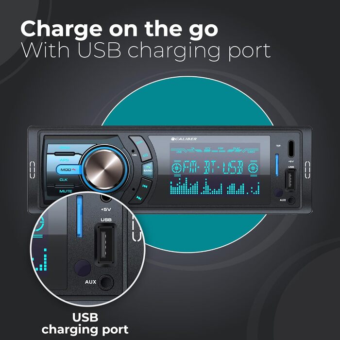 Автомагнітола Caliber 1DIN Bluetooth, FM-тюнер, 4x75Вт, USB/MicroSD, зарядка 2.1A, AUX, гучний зв'язок, зовнішній мікрофон, RCA вихід, регулятор підсвітки, 85мм, підтримка MP3/WMA/APE/FLAC