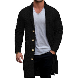 Чоловіча в'язана жилетка з коміром-шарфом, довга жилетка, з ґудзиками, в'язана з ефектом скручування, чорна, розмір L