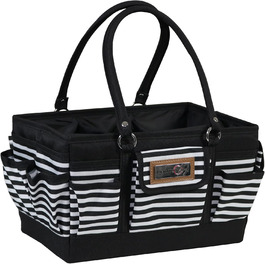 Everything Mary Blaugruner, geometric deluxe store and tote bag, organizer for crafts, sewing, paper, art, desk, canvas, accessories, storage with handles for travel (black and white stripes)