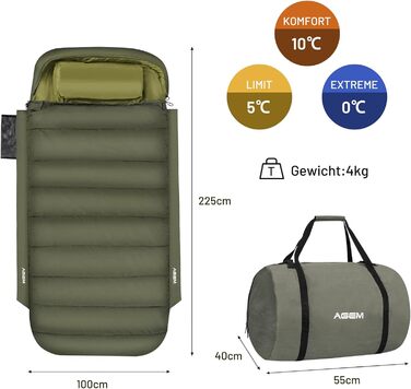 Сплячий мішок AGEM для дорослих: літо, зима, 3-4 сезони, кемпінг, рибалка, 225x100 см, 4-5 кг