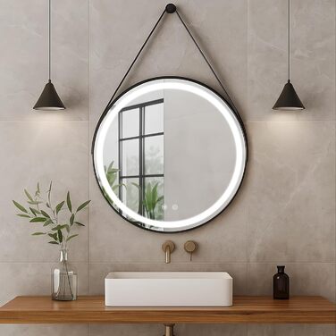 LED дзеркало для ванної кімнати з підсвічуванням, кругле, регульоване, 3 кольори світла (3500K-6500K), сенсорне керування, запобігання запотіванню, для макіяжу та гоління (діаметр 70 см)