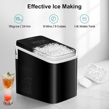 WOLTU Compact Ice Cube Maker Machine - Fast Ice Production (8 Cubes/6-8 Min) - 12kg/24h Capacity - Portable with Handle - Self-Cleaning - 2 Sizes - Ice Maker for Home, Camping, Office (1.4L, Black)