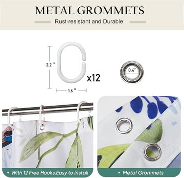 Штора для душу 180x180 см з квітами, антигрибкова, водонепроникна, швидковисихаюча, поліестер, з 12 кільцями (пташки)