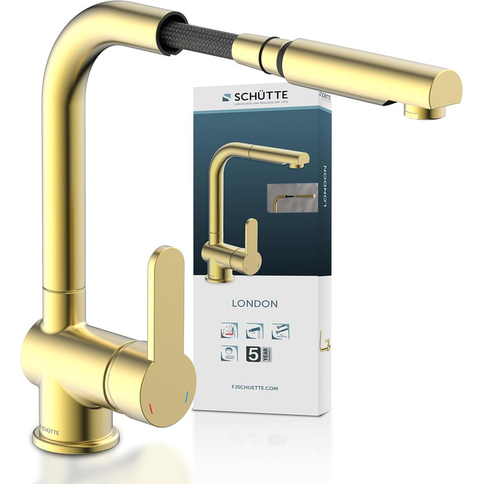 Кухонний змішувач SCHÜTTE LONDON з висувною лійкою, поворотний на 360°, з однорідним змішувачем, для мийки, золотий, 29,8 см (високий тиск)