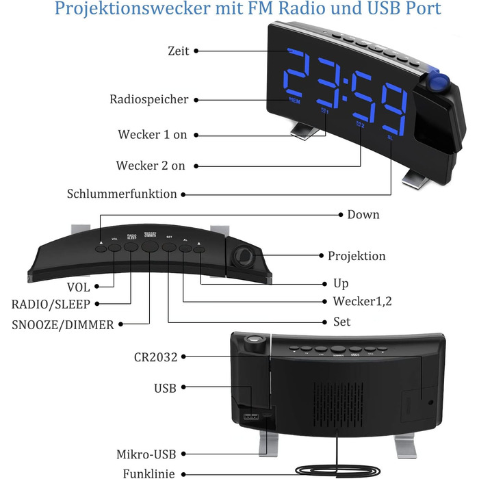 VORRINC Projection Alarm Clock, Digital Alarm Radio with 180° Projection, USB Port, Dual Alarms, Snooze, 12/24H, 3 Projection Brightness with Automatic Dimmer, for Bedroom Ceiling (Blue)