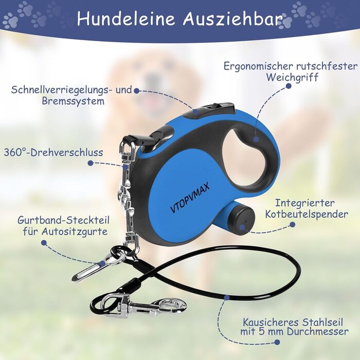 Висувна поводок для собак VTOPVMAX - для середніх та великих собак до 50 кг, міцна висувна стрічка, безпечний кабель, диспенсер для відходів, гальмо однією рукою (білий) (8 м, блакитний)