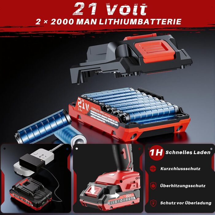 Акумуляторний шуруповерт 21V з двома акумуляторами 2000mAh, 45Nm, 25+3 ступені крутного моменту, LED, для дому та саду, DIY проєкти