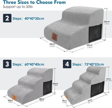 Myiosus Dog Stairs for Bed, 2-Step Foam Pet Stairs for Sofa with Removable Waterproof Cover, Non-Slip Dog Ramp Ladder for Small Dogs and Cats, 40 x 40 x 30 cm, Black (Grey Dog Stairs)