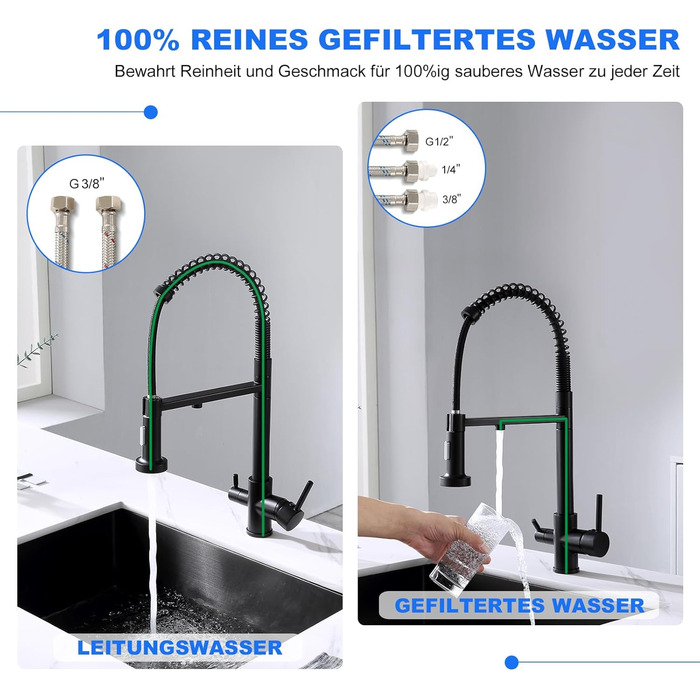 3-х стороння кухонна змішувач з поворотним гусаком 360°, 2 функції (з душем), 3 в 1, для фільтрів, з нержавіючої сталі та латуні, чорний