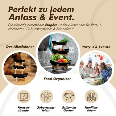 Керамічна фруктова тарілка на 3 яруси з бамбуковою підставкою, чорна | Obst Etagere