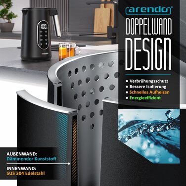 Електричний чайник Arendo з регулюванням температури, нержавіюча сталь, подвійні стінки Cool Touch, дисплей, бездротовий, 2200 Вт, 1,7 л, захист від перегріву, функція підтримання тепла, чорний