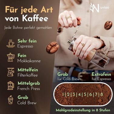 Ручна кавомолка Nuvioo з керамічним жорном, 8 ступенів помолу - для еспресо, кави, кемпінгу та відпочинку на природі
