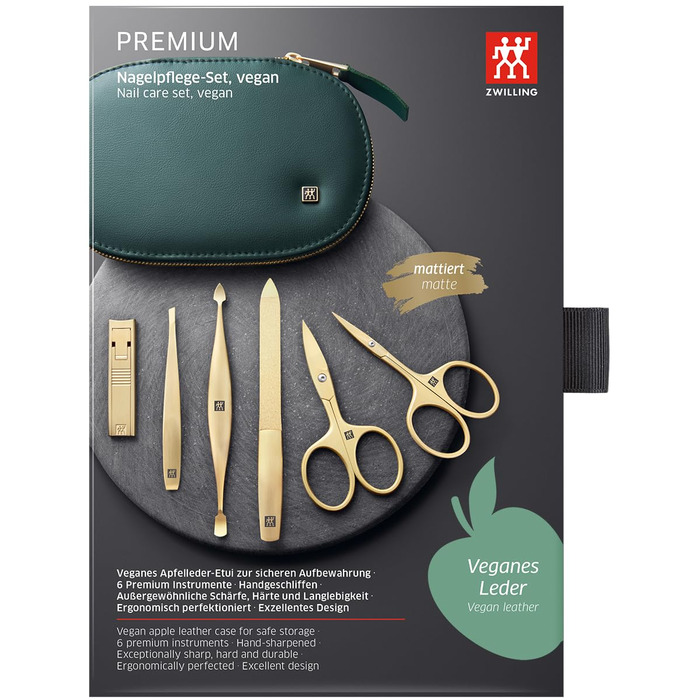 Набір для манікюру та педикюру ZWILLING 6 предметів: ножиці, інструменти для догляду за нігтями, етикетка з веганської шкіри яблука, зелений колір