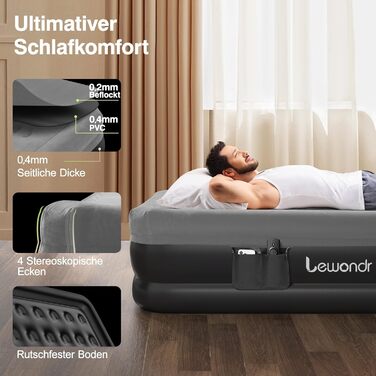 Надувне ліжко Lewondr на 2 особи з вбудованим насосом, 203x152x46 см, сірого кольору. Комфортна повітряна матрац для дому, відпочинку, кемпінгу та гостей. Максимальне навантаження 300 кг.