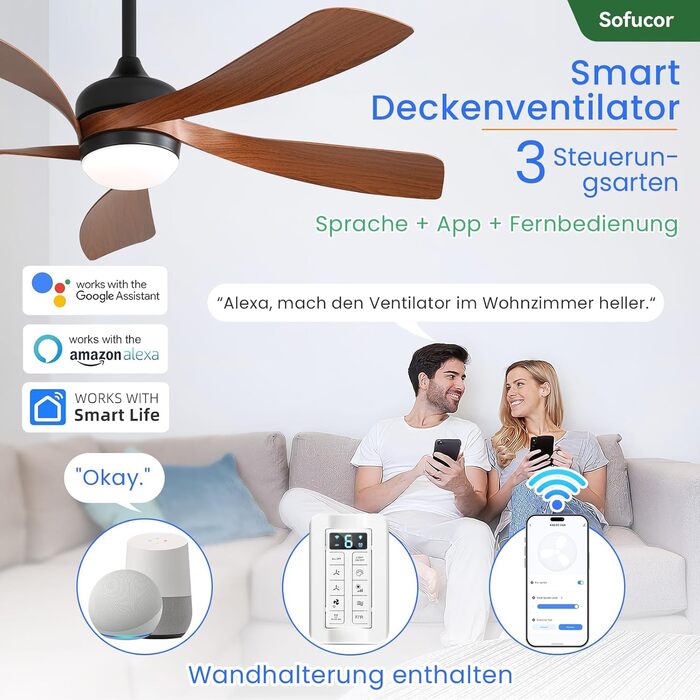 Стельовий вентилятор Sofucor Smart з підсвічуванням 132 см, управління через Alexa/APP, пульт, 3 режими світла, таймер, 6 швидкостей, DC мотор, коричнево-чорний