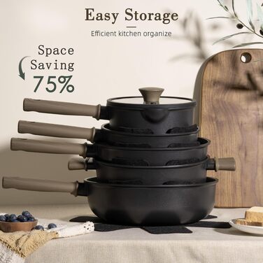 Набір посуду Astercook (19 предметів): каструлі та сковорідки з титановим антипригарним покриттям для індукційних плит, без PTFE, PFOA та PFOS, чорний