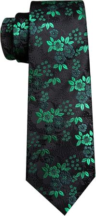 Комплект краваток Barry.Wang: краватка, кишеньковий хустинка та запонки. Чорний колір з зеленим квітковим візерунком, для весілля та ділових зустрічей