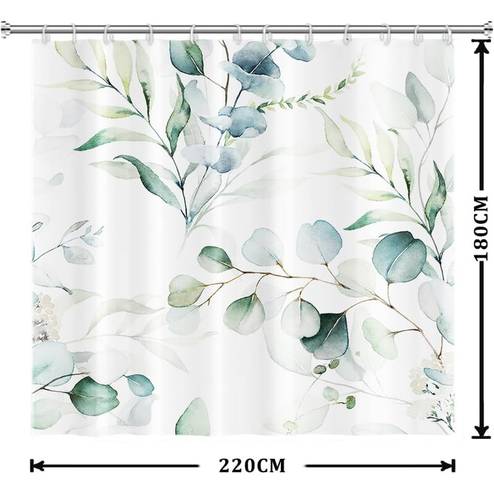 Штора для душу 120x200 см з евкаліптом, зелені листя, акварель, анти-грибок, водонепроникна, поліестер, з гачками для ванної кімнати