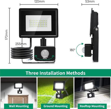 Aigostar 20W LED Floodlight with Motion Sensor Outdoor, 1650LM 6500K Cool White Outdoor Floodlight, IP65 Waterproof Spotlight, Outdoor Light for Garden, Courtyards, Garage, Hotel, 2PC (20W)
