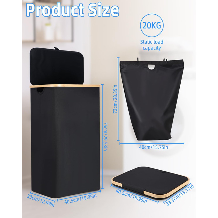Laundry Basket with Lid 100L, Laundry Box with Bamboo Handles and Inner Pocket, Bamboo Laundry Collector, Large Capacity, Laundry Baskets, Foldable Laundry Baskets for Laundry Room, Bedroom, Bathroom (black)