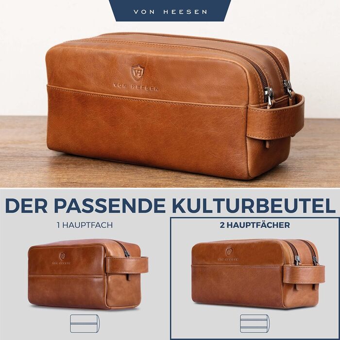 Шкіряна косметичка для подорожей VON HEESEN — дорожня сумка для аксесуарів та гігієни з 2 відділеннями, натуральна шкіра, коричнева (Cognac Braun)